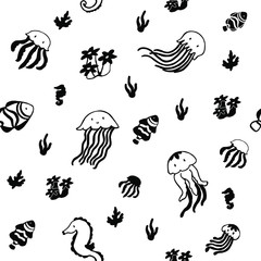 Cute sea and ocean life pattern with jellyfish, horsefish, clownfish, coral and seaweed, hand drawing.