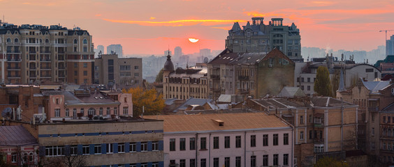 Aerial view of Kyiv city at sunset, Ukraine. Panoramic cityscape