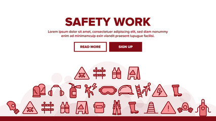 Safety Work Landing Web Page Header Banner Template Vector. Goggles And Earphones, Respirator And Clothes Equipment Tools For Safe Work Illustration