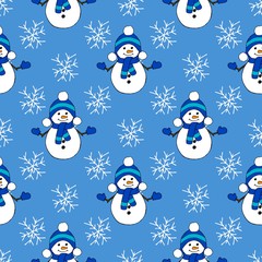 Christmas seamless pattern with snowman, fir trees and snowflakes. Perfect for wallpaper, wrapping paper, pattern fills, winter greetings, web page background