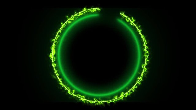 Abstract circle with neon line. Animation of abstract shining light plasma following circular ring motion path. Gradually appearing ring with green neon ultraviolet spectrum. 4k