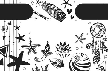 Black and White doodle illustration. Hand Drawn Ink art work. Hipster vector background. Cute boho set of Native American objects