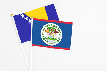 Belize and Bosnia Herzegovina stick flags on white background. High quality fabric, miniature national flag. Peaceful global concept.White floor for copy space.