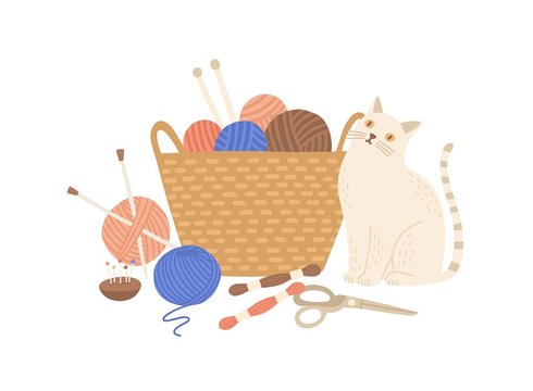 Knitting kit and cute cat flat vector illustration