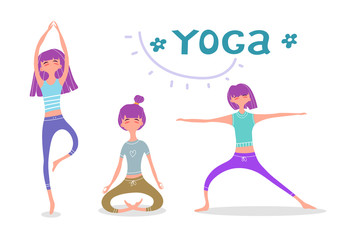 Obraz na płótnie Canvas Yoga. Set with cartoon women in different poses, with lettering, decor elements. Colorful flat vector illustration. hand drawing. World Health Day. healthy lifestyle. For posters, banners.