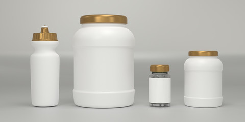 Whey protein container.  Sport nutrition bottle. Sport supplements container bottle. Workout supplements in white pot with gold cap. 