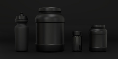 Whey protein container.  Sport nutrition bottle. Sport supplements container bottle. Workout supplements in black pot with black cap. 