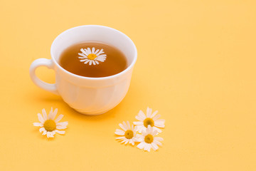 Chamomile tea in a white tea cup and chamomile flowers, yellow background.