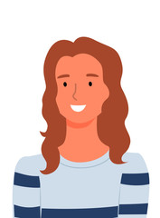 Woman in striped sweater isolated cartoon character. Vector smiling lady closeup, portrait view of girl, avatar userpic, personal profile of business female
