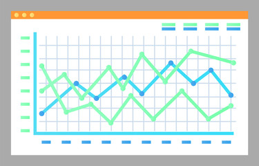 Screen with graphs and diagrams vector isolated page. Crowdfunding information on display, growth and fall of financial statistics, monitoring of rates