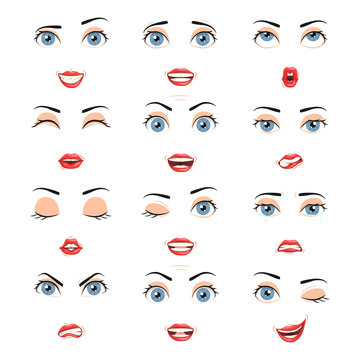 Expressions of female lips and eyes, emotions of female eyes and lips, emotions of a woman, female facial expression. Set human emotions.