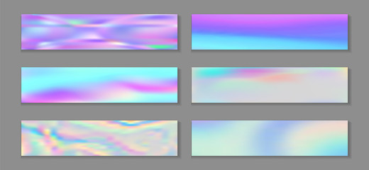 Fototapeta premium Holography cool banner horizontal fluid gradient mermaid backgrounds vector set. Bokeh holography 
