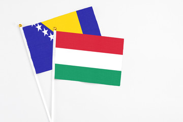 Hungary and Bosnia Herzegovina stick flags on white background. High quality fabric, miniature national flag. Peaceful global concept.White floor for copy space.