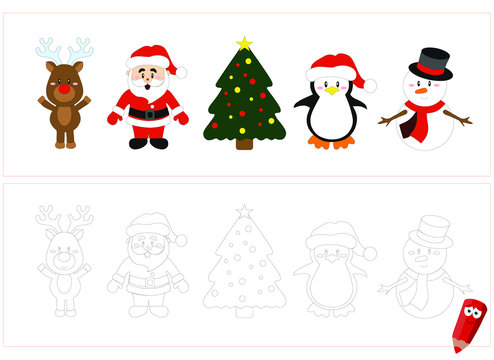 coloring page for children with examples. Educational game for children. christmas deer, santa claus, christmas tree, penguin, snowman