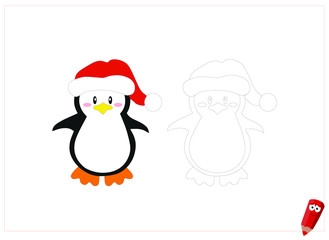coloring page for children with examples. Educational game for children. Christmas penguin