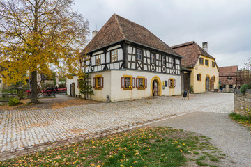 Bad Windsheim, Germany - 16 October 2019: View from a half timbered house in a german village.