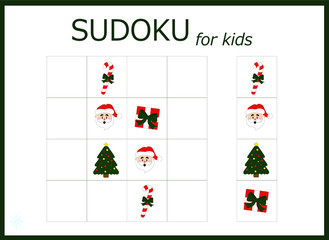 Sudoku for kids. Sudoku. Children's puzzles. Educational game for children. santa claus, christmas tree, gift, christmas candy