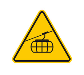 Vector yellow triangle sign - black silhouette cableway. Isolated on white background.