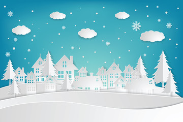 Snow Urban Countryside Landscape City Village. paper art and craft style. illustrator Vector eps 10.