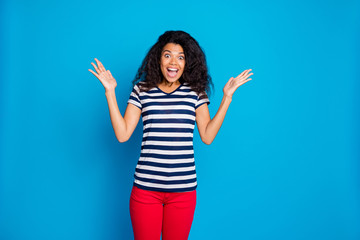 Portrait of impressed crazy afro american lady hear listen wonderful news novelty about incredible...
