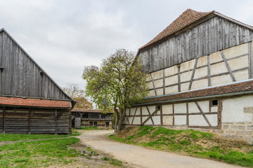 Bad Windsheim, Germany - 16 October 2019: View from a half timbered house in a german village.