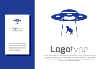 Blue UFO abducts cow icon isolated on white background. Flying saucer. Alien space ship. Futuristic unknown flying object. Logo design template element. Vector Illustration © vector_v