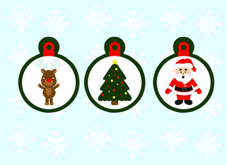 abstract christmas toys with santa claus, christmas tree and deer inside on blue background with snowflakes