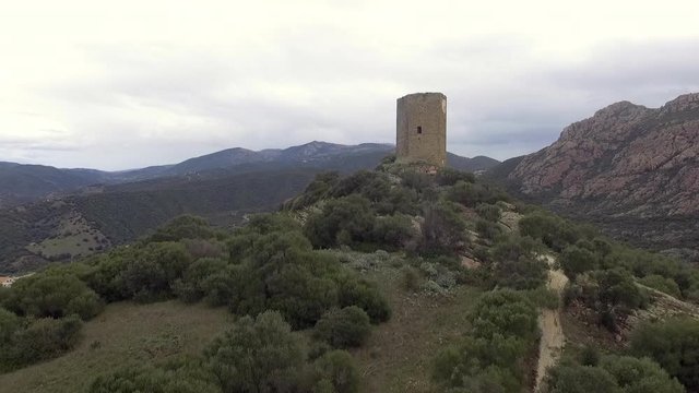 aerial view with drone of the castle torre dei doria chiaramonti santa maria goghinas in sardinia