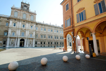 Piazza Roma and the Military Academy in Modena in Emilia-Romagna. It is known for its balsamic vinegar, opera and Ferrari and Lamborghini sports cars.