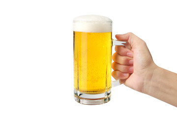 Glass of a beer in hand isolated