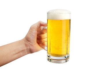 Glass of a beer in hand isolated