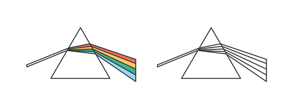 Light Dispersion And Refraction Effect Linear Vector Icon. Dispersive Prism, Glass Pyramid, Triangular Crystal Outline Illustration. Scientific Experiment, Physics, Optics Symbol Isolated On White.