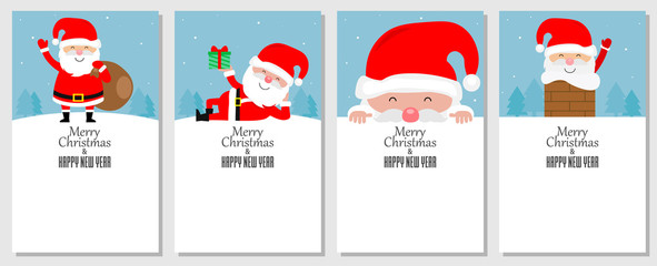 Christmas card set. Merry Christmas and Happy New Year greeting with cute santa claus lettering vector.