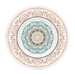 Set of 2 matching decorative plates for interior design. Empty dish, porcelain plate mock up design. Vector illustration. Decorative plates with Mandala ornament patterns. Home decor background.