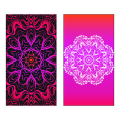 Colorful Ornamental Ethnic Flyer. Templates With Tribal Mandalas. Vector illustration. Purple, black, white color. For Wedding Invitation, Thank You Card, Save Card