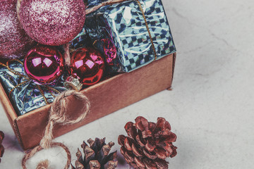 New Year and Christmas card with holiday attributes