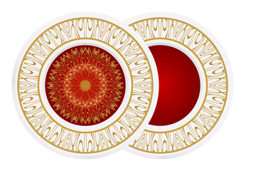 decorative plates for interior design. Empty dish, porcelain plate mock up design. Vector illustration. Decorative plates with Mandala ornament patterns. Home decor background.