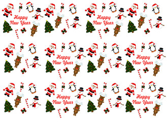 christmas background with santa claus, penguin, deer, christmas tree and snowflakes, pattern