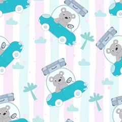 Foto op Plexiglas Dieren onderweg naadloos patroon met schattige teddybeer in de auto vectorillustratie