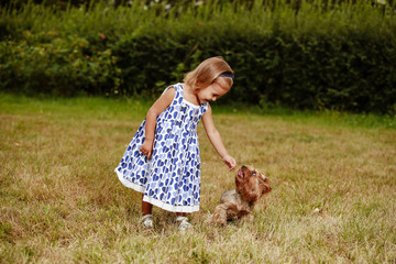 little girl in dress with yorkshire terrier