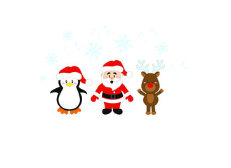 cartoon santa claus, christmas penguin and deer on a white background