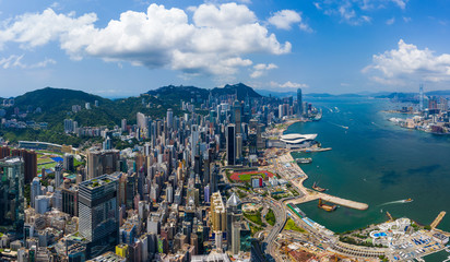 Drone fly over Hong Kong city