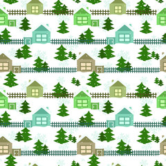 Vector seamless winter pattern with snowy houses; winter background for fabric, wrapping paper, textile, wallpaper, greeting card, gift box, web design.