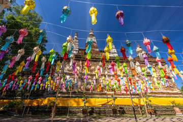 Lanna lantern are northern thai style lanterns in Loi Krathong or Yi Peng Festival at Wat Chet Yot, seven pagoda temple is a Buddhist temple is a major tourist attraction in Chiang Mai,Thailand.