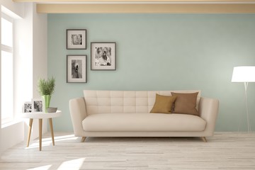 Stylish room in white color with sofa. Scandinavian interior design. 3D illustration