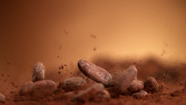 Super Slow Motion Shot of Raw Chocolate Beans Falling into Cocoa Powder at 1000fps.