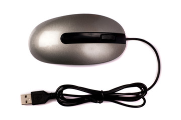 Top view of a silver computer mouse, isolated on white, with copy space.