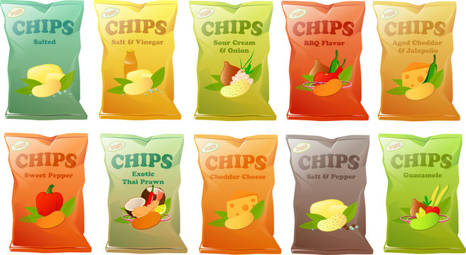 Vector illustration of various chips bags with different flavors
