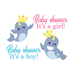baby shower greeting card with boy and girl narwhal prince and princess with crown. It's a boy text with character. It's a girl with character.