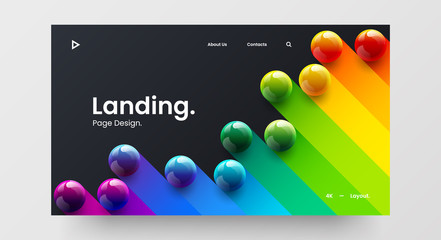 Creative horizontal website screen part for responsive web design project development. 3D colorful balls geometric banner layout mock up. Corporate landing page block vector illustration template. - obrazy, fototapety, plakaty